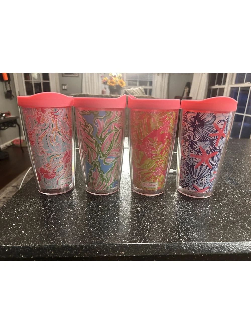 Set of 4 Lilly Pulitzer Pink Lid Tervis Tumblers with Coastal and Floral Prints